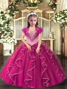 Straps Sleeveless Lace Up Evening Gowns Fuchsia Tulle
