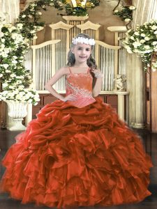 Excellent Appliques and Ruffles Kids Pageant Dress Rust Red Lace Up Sleeveless Floor Length