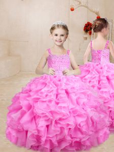Beautiful Rose Pink Ball Gowns Organza Straps Sleeveless Beading and Ruffles Floor Length Lace Up Little Girls Pageant Dress Wholesale