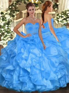 Custom Made Sleeveless Floor Length Beading and Ruffles Lace Up Quinceanera Gown with Baby Blue