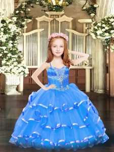 Hot Selling Blue Organza Lace Up Spaghetti Straps Sleeveless Floor Length Little Girls Pageant Gowns Beading and Ruffled Layers