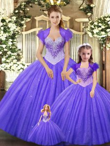 Hot Selling Purple Sleeveless Floor Length Beading Lace Up Quinceanera Gowns