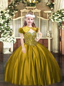 Straps Sleeveless Pageant Dress for Teens Floor Length Beading Brown Satin