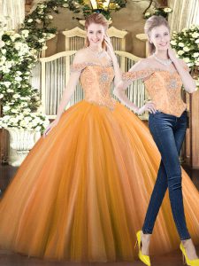 Lovely Orange Red Off The Shoulder Lace Up Beading 15 Quinceanera Dress Sleeveless