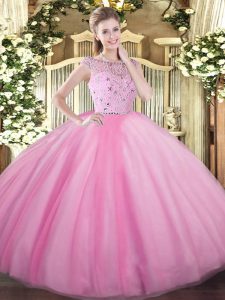 Rose Pink Zipper Bateau Beading Sweet 16 Dress Tulle Sleeveless