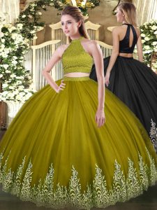 High Quality Olive Green Tulle Backless Halter Top Sleeveless Floor Length Quince Ball Gowns Beading and Appliques