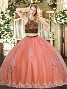 Coral Red Zipper Sweet 16 Dress Beading and Appliques Sleeveless Floor Length