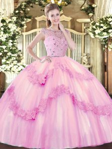 Rose Pink Ball Gowns Bateau Sleeveless Tulle Floor Length Zipper Beading and Appliques Quinceanera Gown