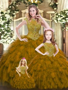 Chic Brown Organza Lace Up 15th Birthday Dress Sleeveless Floor Length Beading and Ruffles