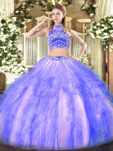 Top Selling Floor Length Two Pieces Sleeveless Lavender Quinceanera Gowns Backless