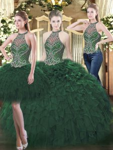 Custom Made High-neck Sleeveless Organza Sweet 16 Dresses Beading and Ruffles Lace Up