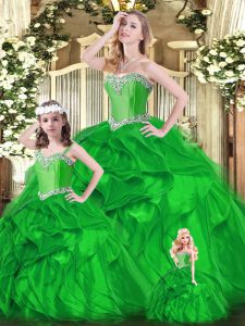 Glittering Sleeveless Organza Floor Length Lace Up 15 Quinceanera Dress in Green with Beading and Ruffles