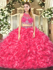 Floor Length Ball Gowns Sleeveless Coral Red Quinceanera Dresses Zipper