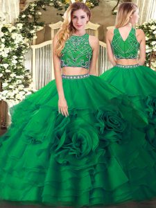 Dark Green 15th Birthday Dress Military Ball and Sweet 16 and Quinceanera with Beading and Ruffled Layers High-neck Sleeveless Zipper
