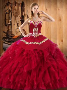 Luxurious Wine Red Ball Gowns Satin and Organza Sweetheart Sleeveless Embroidery and Ruffles Floor Length Lace Up Sweet 16 Dresses