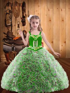Glorious Multi-color Lace Up Straps Embroidery and Ruffles Pageant Dress for Womens Fabric With Rolling Flowers Sleeveless