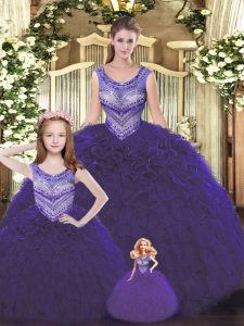 Colorful Beading and Ruffles Quinceanera Dresses Dark Purple Lace Up Sleeveless Floor Length