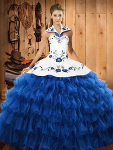 Blue Halter Top Lace Up Embroidery and Ruffled Layers Quinceanera Gown Sleeveless