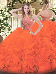 Shining Orange Red Halter Top Neckline Beading and Ruffles Quince Ball Gowns Sleeveless Zipper