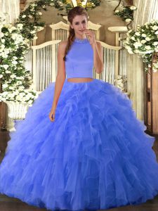 Customized Blue Backless Halter Top Beading and Ruffles Quinceanera Gowns Tulle Sleeveless
