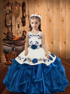 Trendy Blue Pageant Dress Toddler Sweet 16 and Quinceanera with Embroidery and Ruffles Straps Sleeveless Lace Up