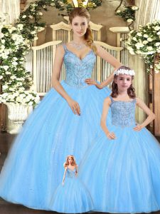 Vintage Turquoise Tulle Lace Up Straps Sleeveless Floor Length 15 Quinceanera Dress Beading