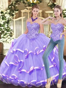 Floor Length Zipper Quince Ball Gowns Lavender for Military Ball and Sweet 16 and Quinceanera with Appliques and Ruffled Layers