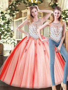 Custom Fit Scoop Sleeveless Zipper Quinceanera Gown Red Tulle