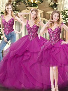 Designer V-neck Sleeveless Organza Sweet 16 Dress Beading and Ruffles Lace Up