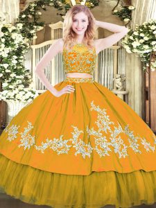 Cheap Floor Length Gold Quince Ball Gowns Tulle Sleeveless Beading and Appliques