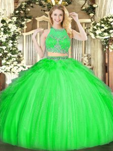 Cute Green Sleeveless Beading and Ruffles Floor Length Quinceanera Gown