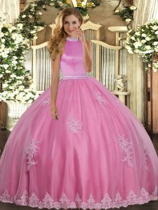 Excellent Beading and Appliques Quinceanera Gown Rose Pink Backless Sleeveless Floor Length