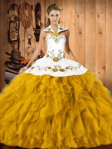 Gold Ball Gowns Embroidery and Ruffles Ball Gown Prom Dress Lace Up Satin and Organza Sleeveless Floor Length