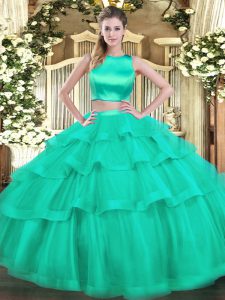 Perfect Sleeveless Floor Length Ruffled Layers Criss Cross Quinceanera Dresses with Aqua Blue