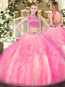 Delicate Beading and Ruffles Sweet 16 Dresses Watermelon Red and Rose Pink Backless Sleeveless Floor Length