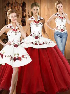 Floor Length Wine Red Vestidos de Quinceanera Satin and Tulle Sleeveless Embroidery