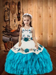 Fashion Baby Blue Sleeveless Embroidery and Ruffles Floor Length Pageant Dress Womens