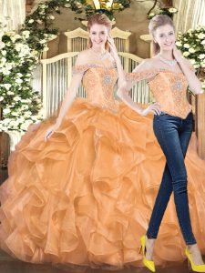 Exceptional Floor Length Orange Red 15 Quinceanera Dress Off The Shoulder Sleeveless Lace Up