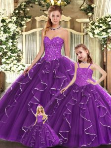 Nice Purple Lace Up 15 Quinceanera Dress Beading and Ruffles Sleeveless Floor Length