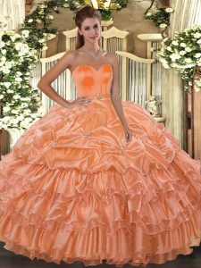 Sleeveless Organza Floor Length Lace Up Sweet 16 Quinceanera Dress in Orange with Beading and Ruffled Layers