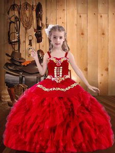 Red Ball Gowns Embroidery and Ruffles Pageant Dress Lace Up Organza Sleeveless Floor Length