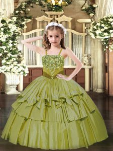 Customized Sleeveless Organza Floor Length Lace Up Little Girls Pageant Gowns in Olive Green with Beading and Ruffled Layers