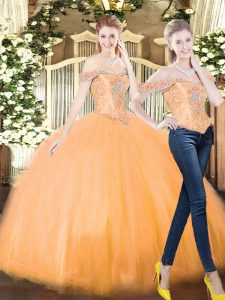 Fabulous Off The Shoulder Sleeveless Sweet 16 Dresses Floor Length Beading and Ruffles Orange Red Organza