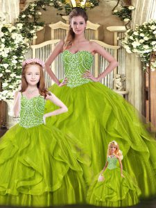 Affordable Organza Sweetheart Sleeveless Lace Up Beading and Ruffles 15th Birthday Dress in Olive Green