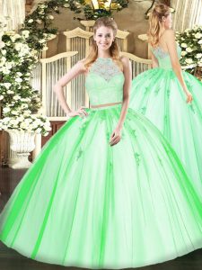 Two Pieces Tulle Scoop Sleeveless Lace and Appliques Floor Length Zipper 15th Birthday Dress