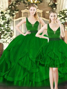 Straps Sleeveless Quince Ball Gowns Floor Length Beading and Ruffles Dark Green Tulle