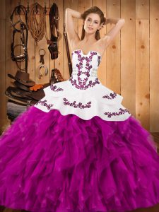 Pretty Fuchsia Lace Up 15 Quinceanera Dress Embroidery and Ruffles Sleeveless Floor Length