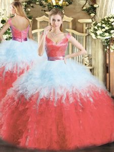 Floor Length Zipper 15 Quinceanera Dress Multi-color for Military Ball and Sweet 16 and Quinceanera with Ruffles