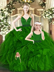 Fancy V-neck Sleeveless Zipper Sweet 16 Dress Green Organza