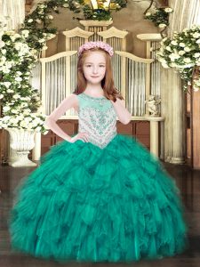 Sleeveless Floor Length Beading and Ruffles Zipper Glitz Pageant Dress with Turquoise